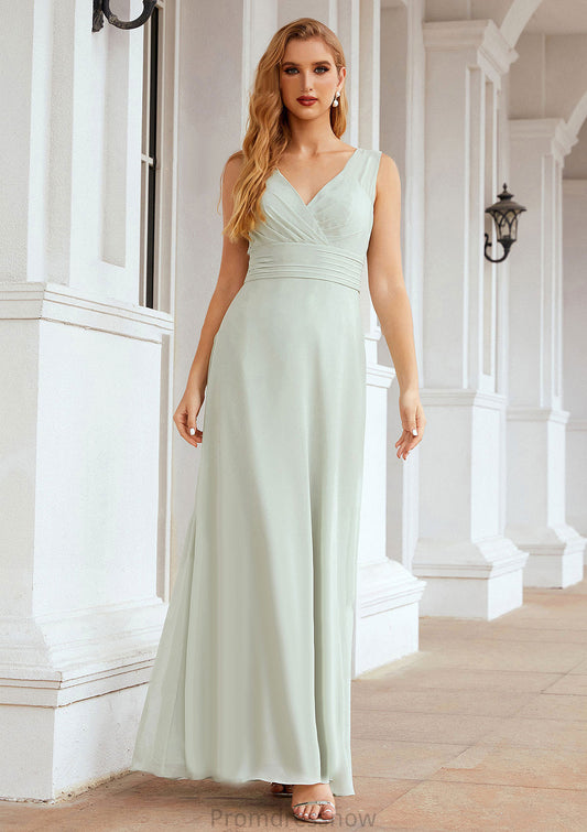 A-line V Neck Long/Floor-Length Chiffon Bridesmaid Dresses With Pleated Kinley HPP0025625