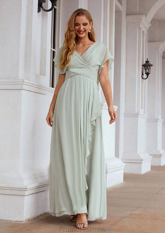 A-line V Neck Short Sleeve Chiffon Long/Floor-Length Bridesmaid Dresses With Pleated Ruffles Ada HPP0025626