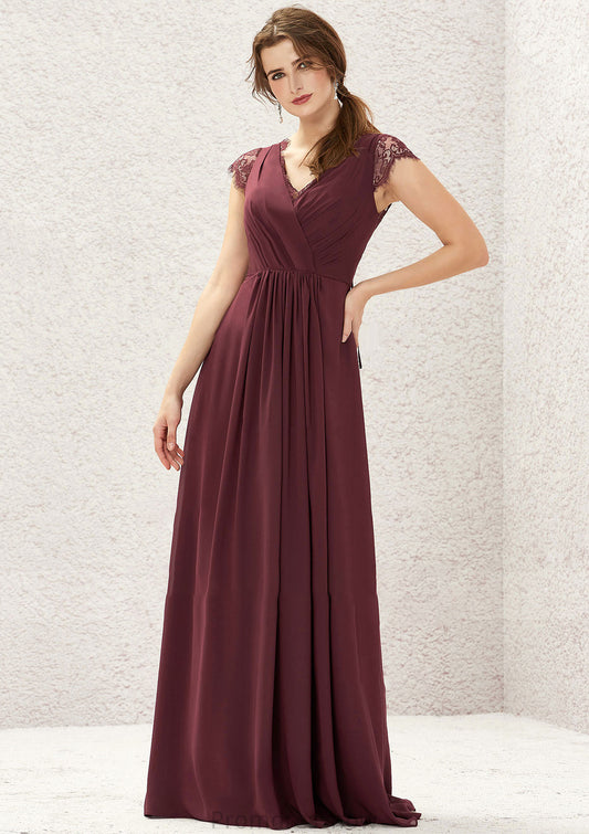 A-line V Neck Sleeveless Chiffon Long/Floor-Length Bridesmaid Dresses With Pleated Lace Hadassah HPP0025627