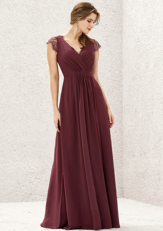 A-line V Neck Sleeveless Chiffon Long/Floor-Length Bridesmaid Dresses With Pleated Lace Hadassah HPP0025627