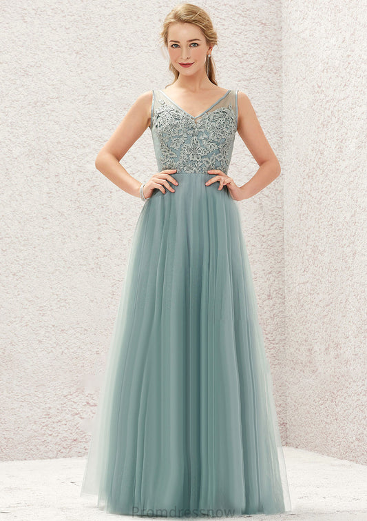 A-line V Neck Sleeveless Tulle Long/Floor-Length Bridesmaid Dresses With Lace Penny HPP0025628