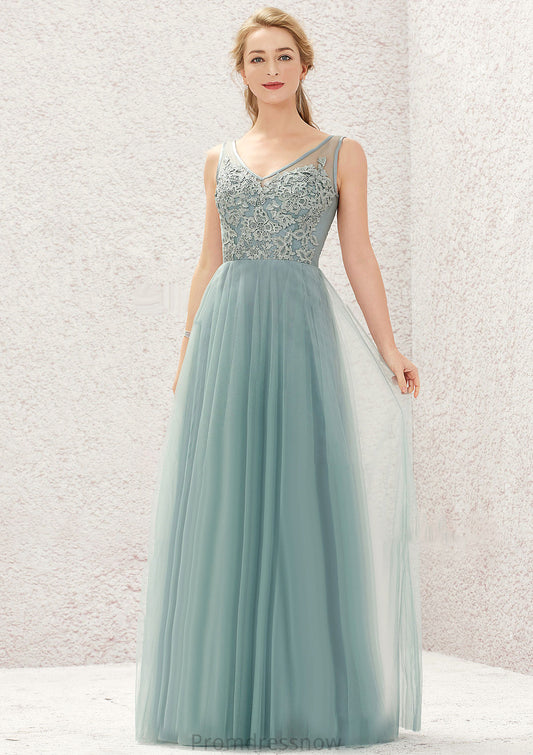 A-line V Neck Sleeveless Tulle Long/Floor-Length Bridesmaid Dresses With Lace Penny HPP0025628