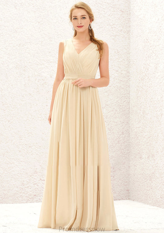 A-line V Neck Sleeveless Chiffon Long/Floor-Length Bridesmaid Dresses With Appliqued Sashes Pleated Lia HPP0025630