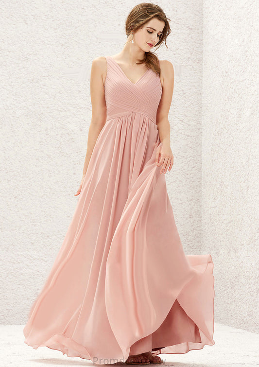 A-line V Neck Sleeveless Chiffon Long/Floor-Length Bridesmaid Dresses With Pleated Andrea HPP0025632