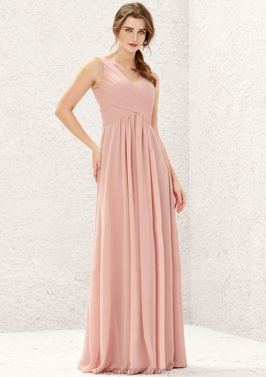 A-line V Neck Sleeveless Chiffon Long/Floor-Length Bridesmaid Dresses With Pleated Andrea HPP0025632