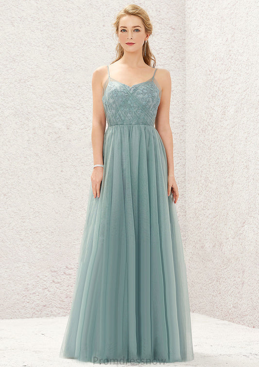 Princess A-line V Neck Sleeveless Tulle Long/Floor-Length Bridesmaid Dresses With Pleated Appliqued Sam HPP0025633