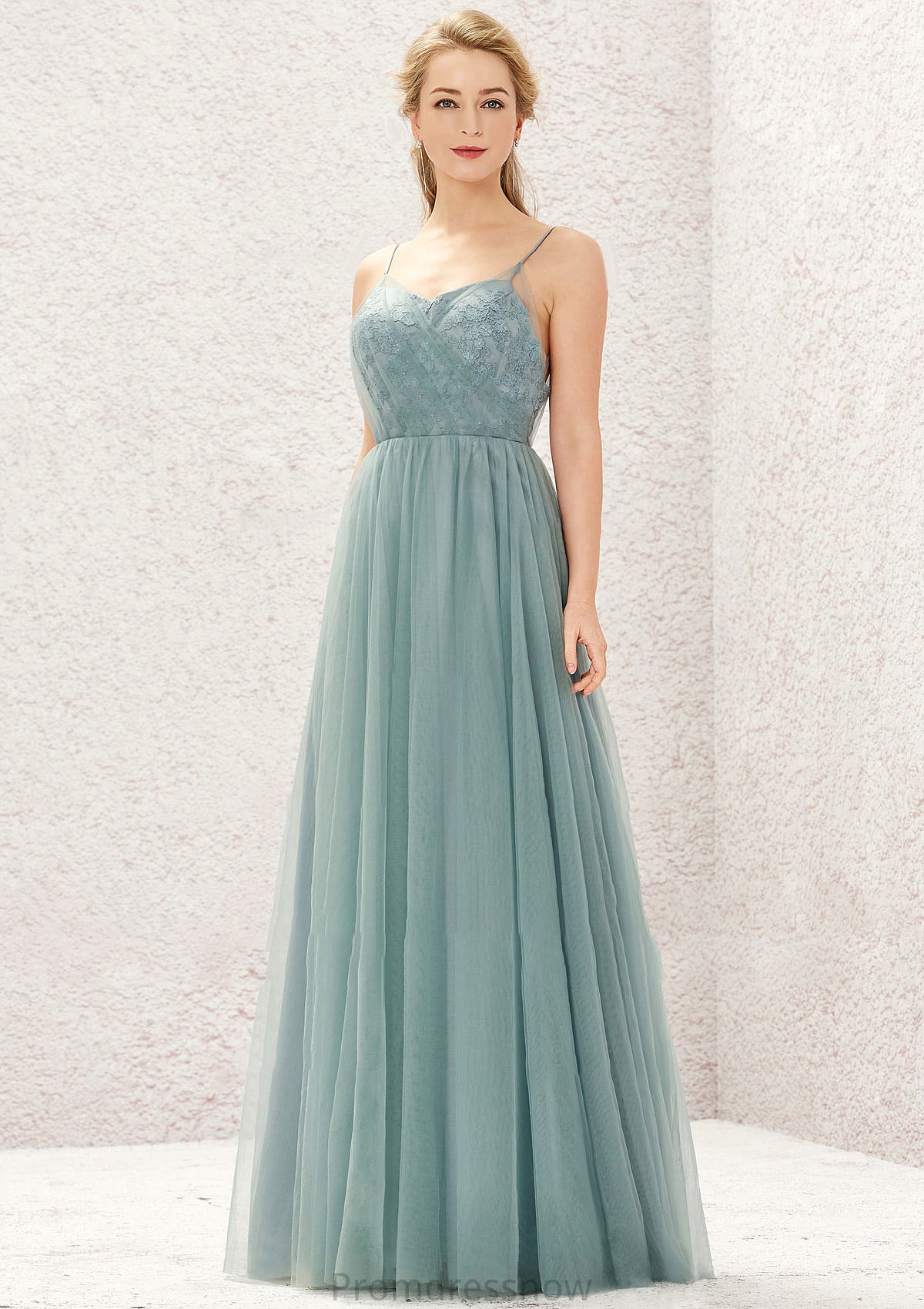 Princess A-line V Neck Sleeveless Tulle Long/Floor-Length Bridesmaid Dresses With Pleated Appliqued Sam HPP0025633