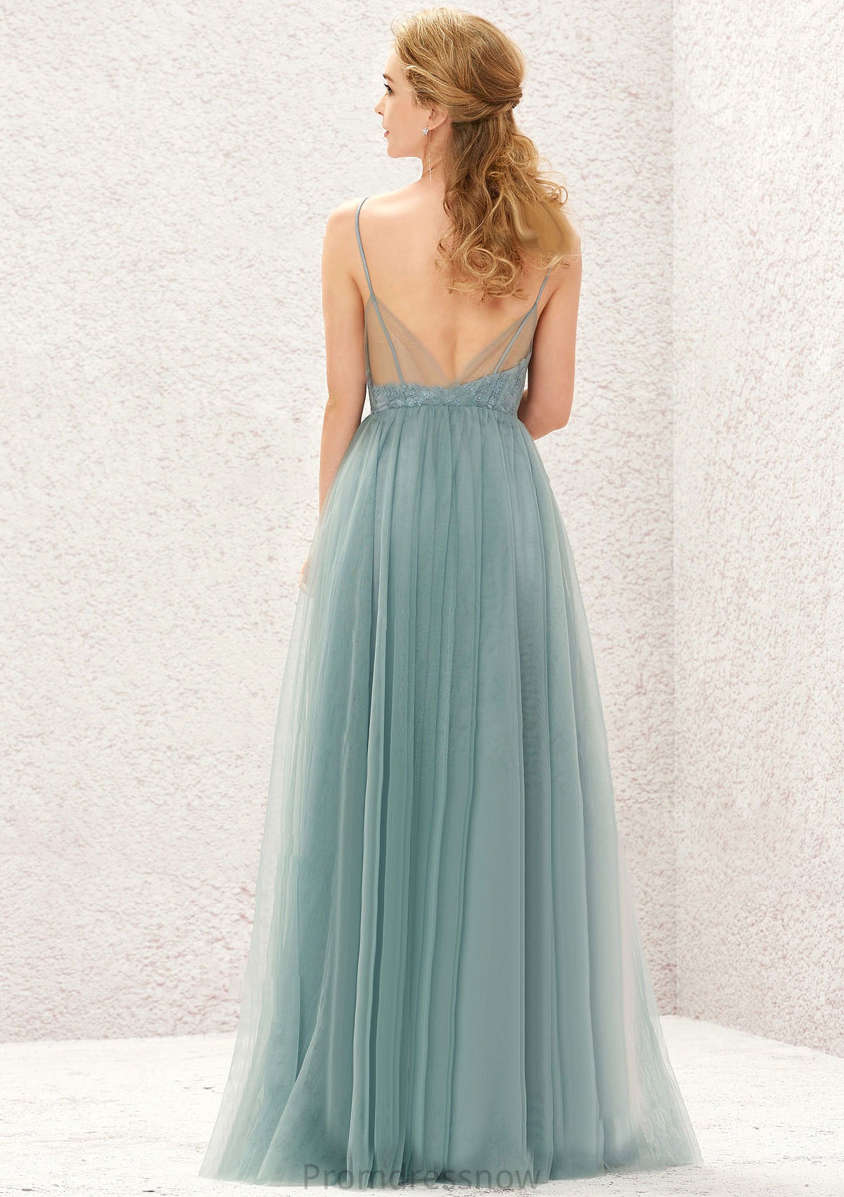 Princess A-line V Neck Sleeveless Tulle Long/Floor-Length Bridesmaid Dresses With Pleated Appliqued Sam HPP0025633