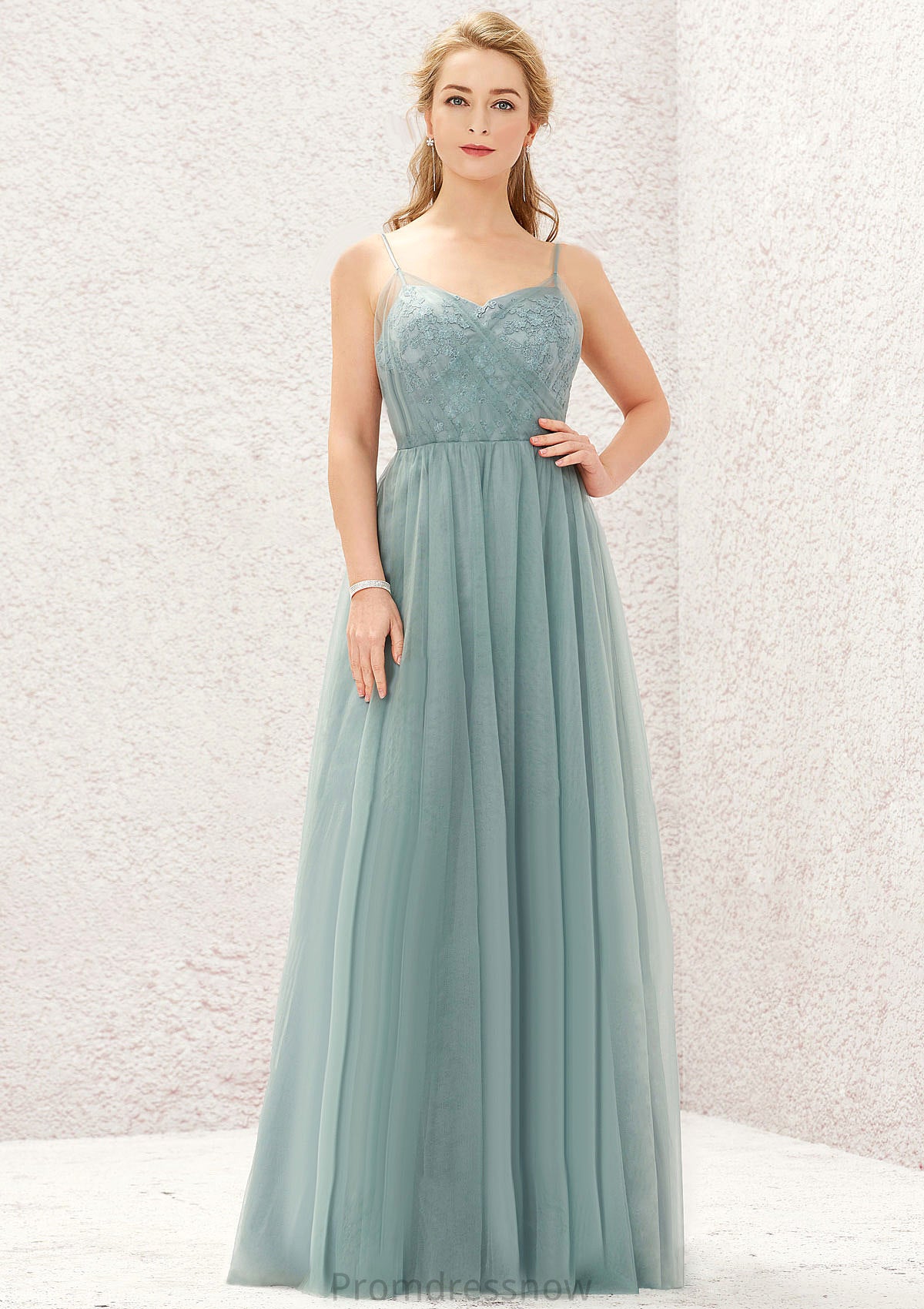 Princess A-line V Neck Sleeveless Tulle Long/Floor-Length Bridesmaid Dresses With Pleated Appliqued Sam HPP0025633