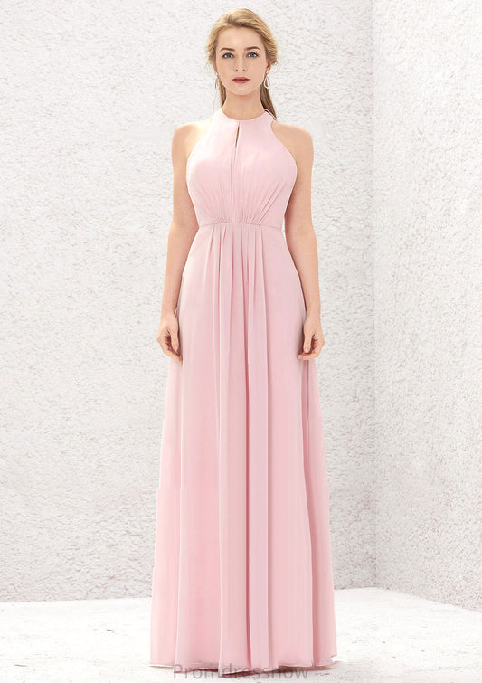 A-line Halter Sleeveless Chiffon Long/Floor-Length Bridesmaid Dresses With Pleated Marian HPP0025634