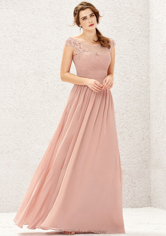 A-line Illusion Neck Sleeveless Chiffon Long/Floor-Length Bridesmaid Dresses With Appliqued Pleated Mariam HPP0025636