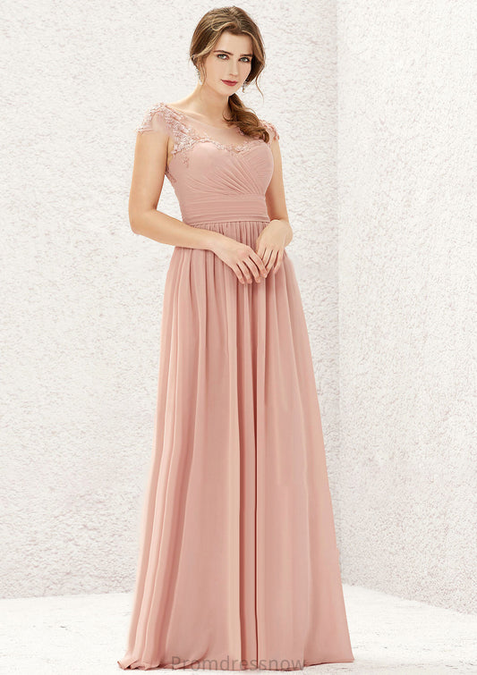 A-line Illusion Neck Sleeveless Chiffon Long/Floor-Length Bridesmaid Dresses With Appliqued Pleated Mariam HPP0025636