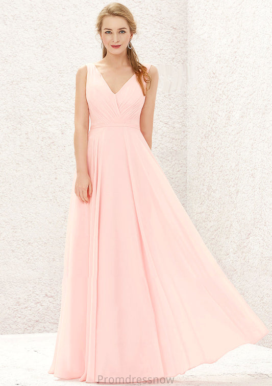 A-line V Neck Sleeveless Chiffon Long/Floor-Length Bridesmaid Dresses With Pleated Miriam HPP0025637