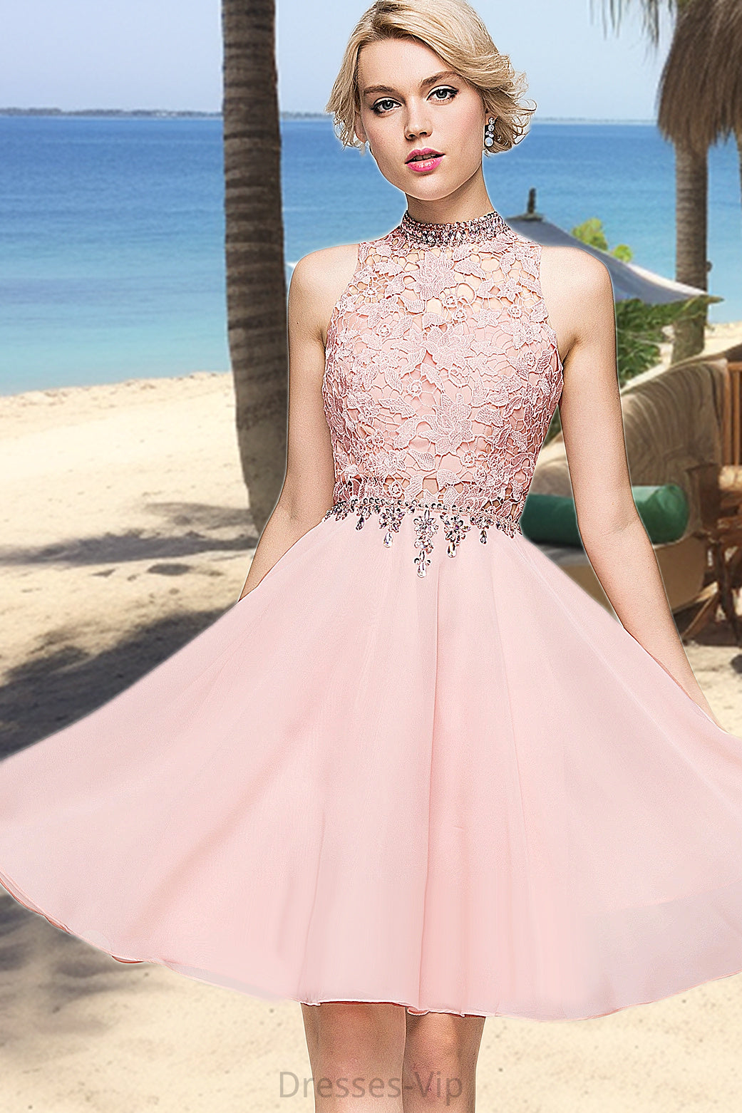 Germaine A-line High Neck Knee-Length Chiffon Lace Homecoming Dress With Beading Sequins HPP0020596