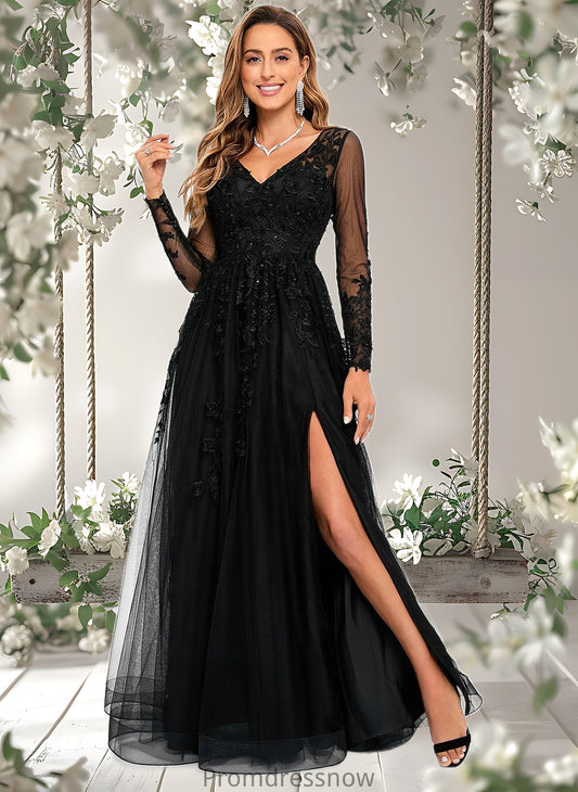 America A-line V-Neck Floor-Length Tulle Prom Dresses With Sequins Appliques Lace Beading HPP0025834