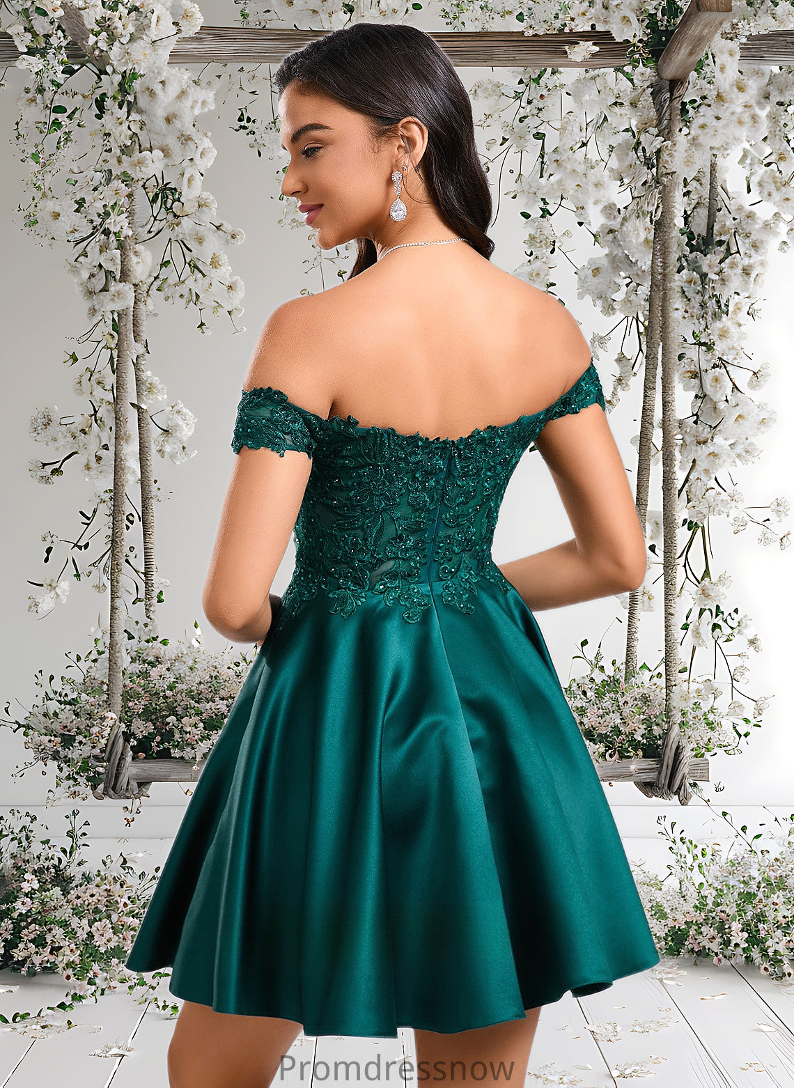 Tara A-line Off the Shoulder Short Lace Satin Homecoming Dress With Rhinestone HPP0025718