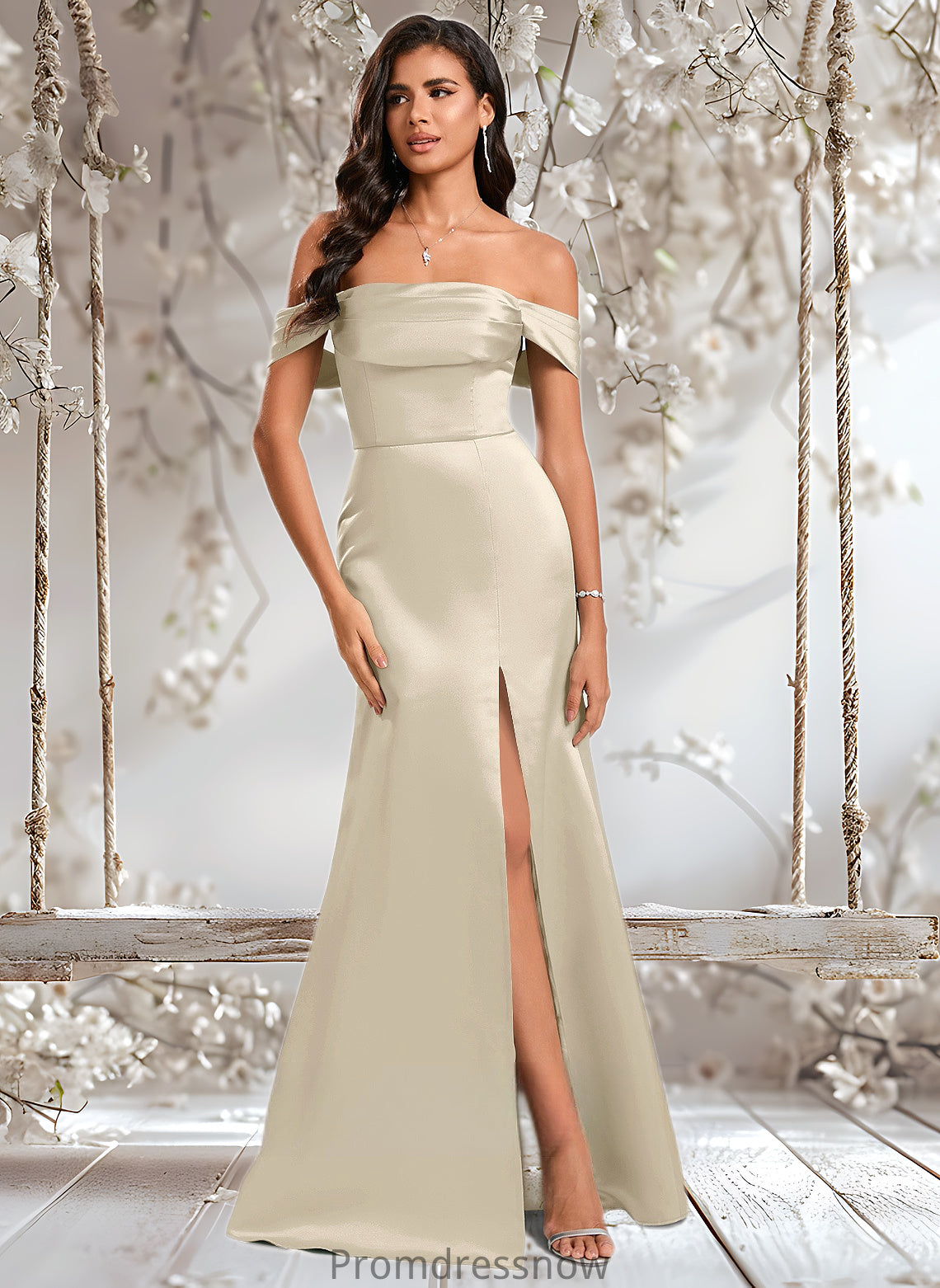 Margery Trumpet/Mermaid Off the Shoulder Square Floor-Length Satin Prom Dresses With Ruffle HPP0025883