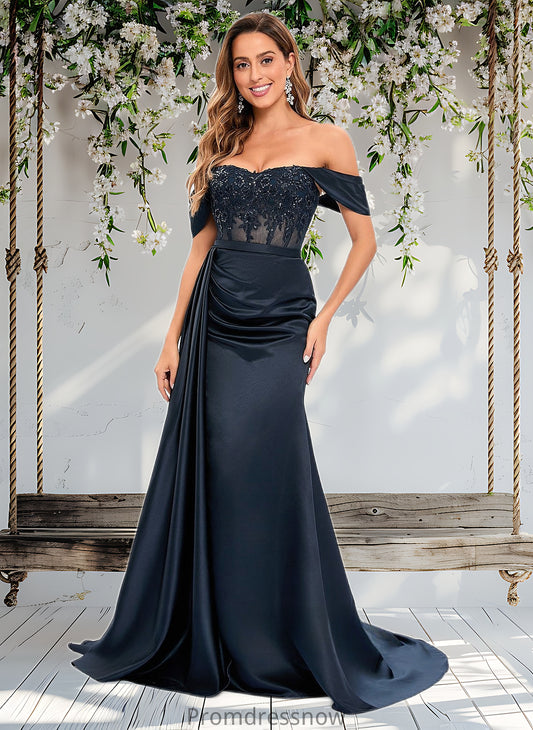 Annie Trumpet/Mermaid Off the Shoulder Sweep Train Satin Prom Dresses With Sequins Appliques Lace HPP0025835