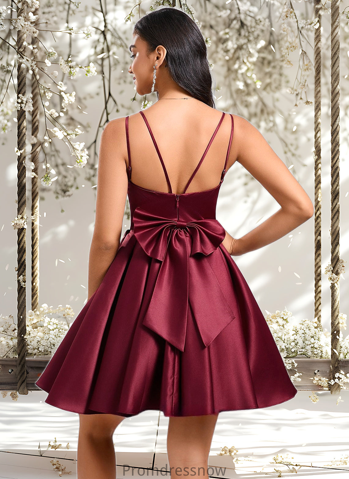 Lexi Ball-Gown/Princess V-Neck Short Satin Homecoming Dress With Bow HPP0025662