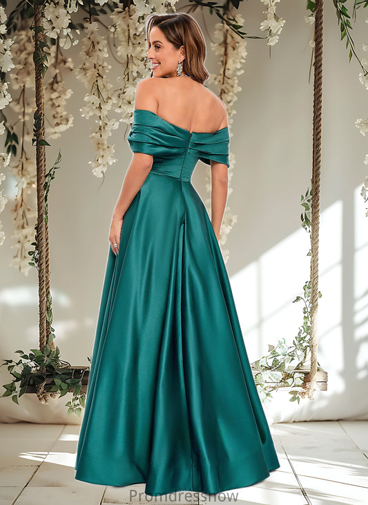 Harriet A-line Off the Shoulder Floor-Length Satin Prom Dresses With Pleated HPP0025851