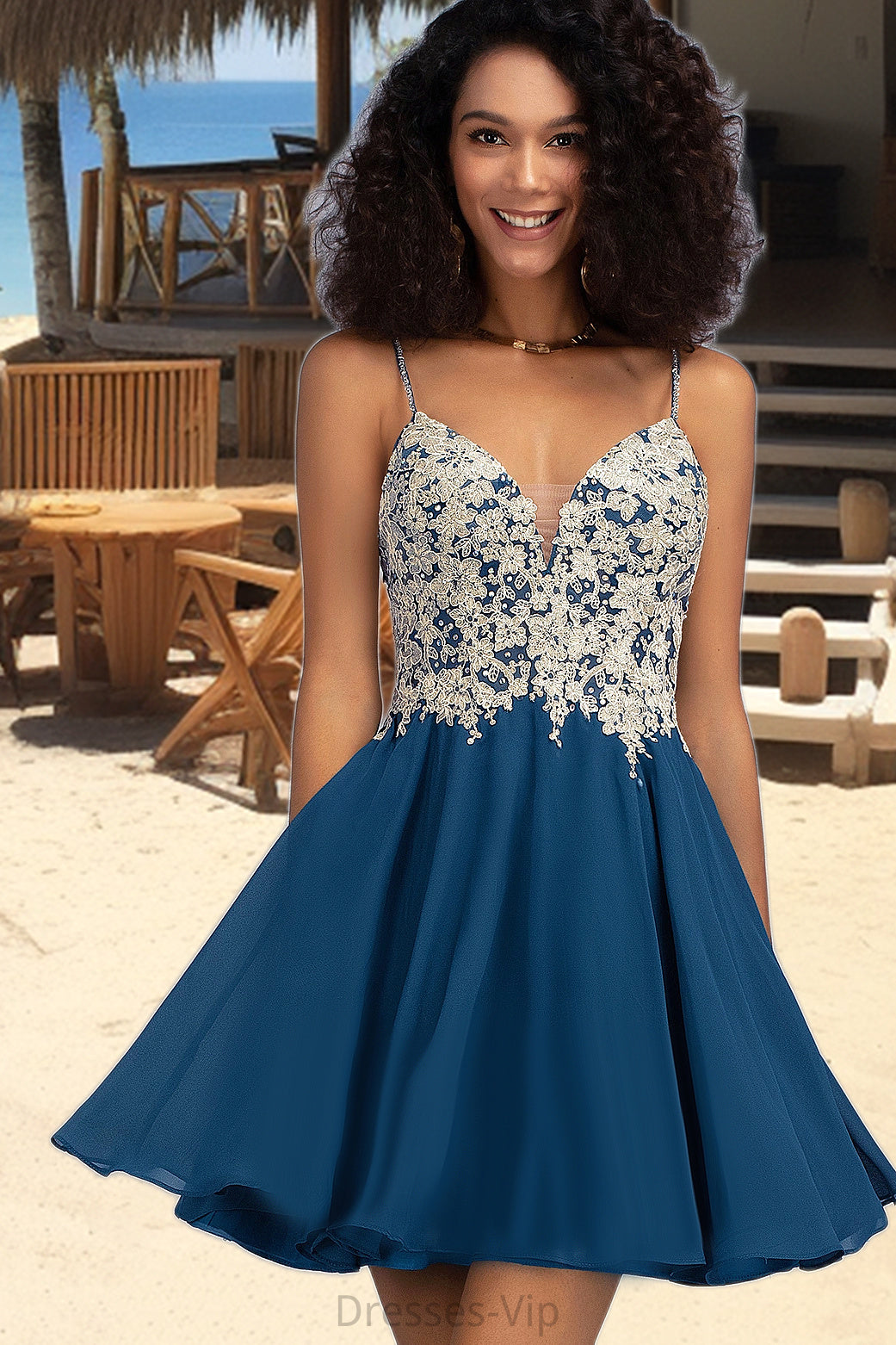 Cora A-line V-Neck Short/Mini Chiffon Lace Homecoming Dress With Beading HPP0020572