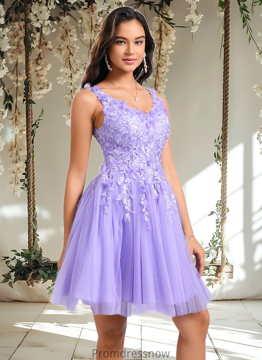 Aleah Ball-Gown/Princess V-Neck Short Lace Tulle Homecoming Dress With Flower HPP0025656