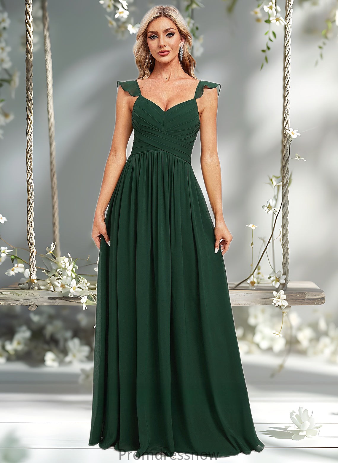 Greta A-line V-Neck Floor-Length Chiffon Bridesmaid Dress With Ruffle HPP0025811