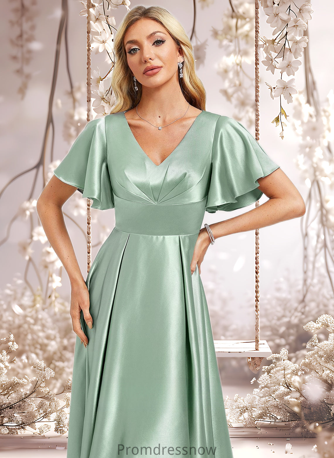 Elle A-line V-Neck Asymmetrical Stretch Satin Bridesmaid Dress With Ruffle HPP0025772