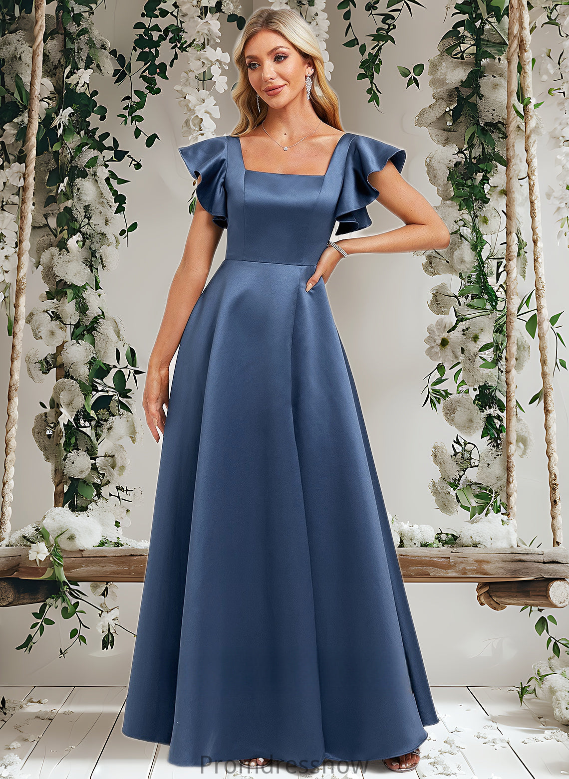 Sahna A-line Square Floor-Length Satin Bridesmaid Dress With Ruffle HPP0025774