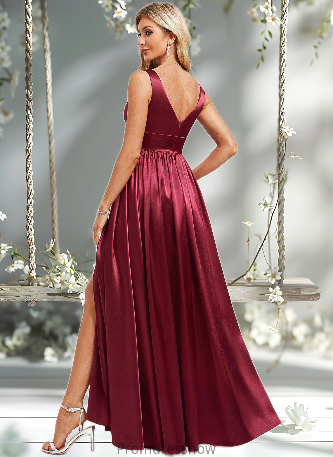 Macy A-line V-Neck Floor-Length Stretch Satin Bridesmaid Dress HPP0025771