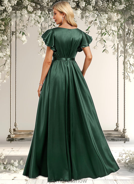 Lyric A-line Scoop Floor-Length Stretch Satin Bridesmaid Dress With Ruffle HPP0025770