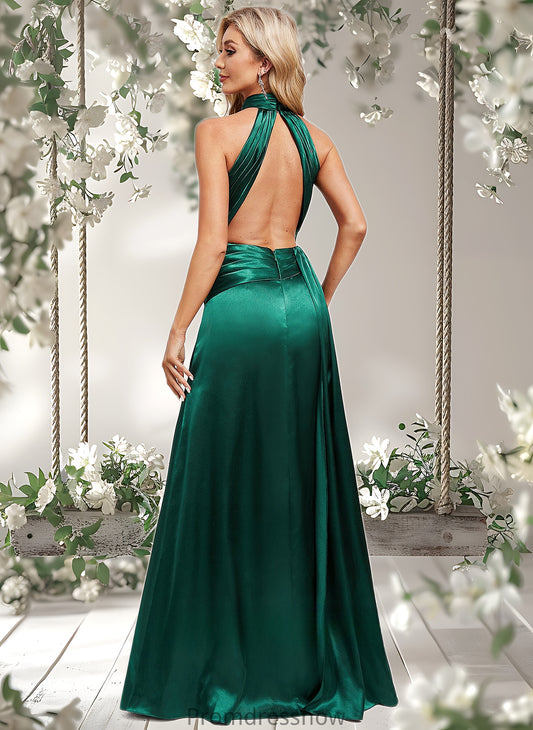 Michaela A-line Halter Floor-Length Stretch Satin Bridesmaid Dress With Ruffle HPP0025817