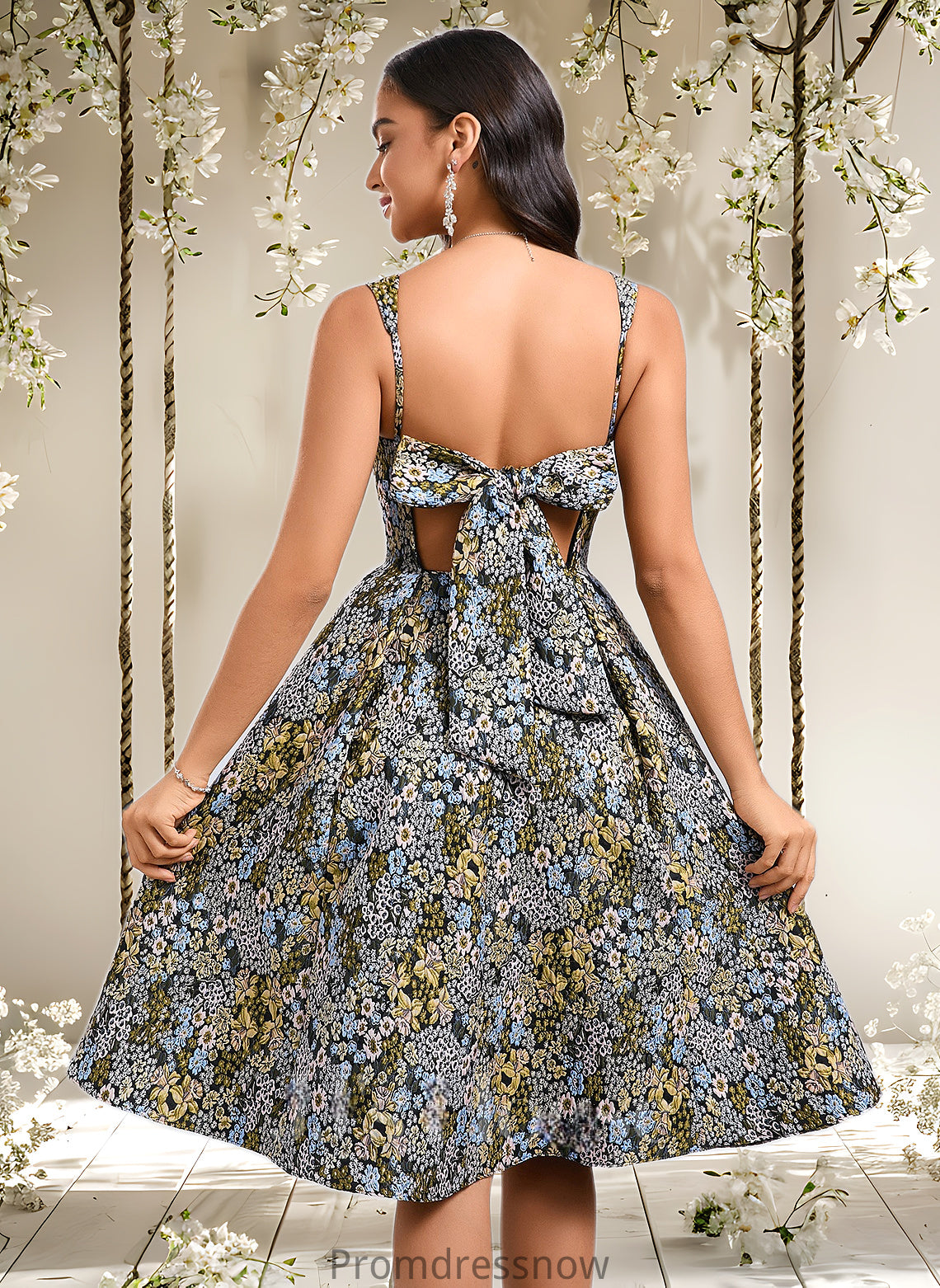 Kit A-line Square Knee-Length Jacquard Homecoming Dress With Bow HPP0025687