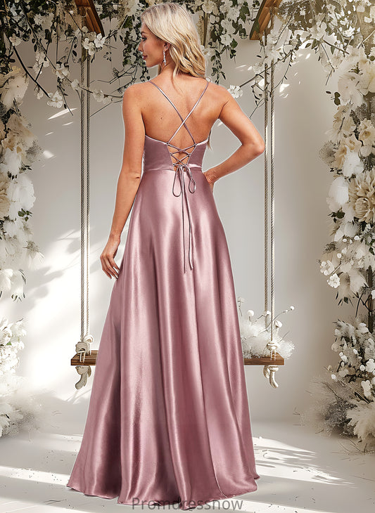 Alexis A-line V-Neck Floor-Length Stretch Satin Bridesmaid Dress HPP0025822