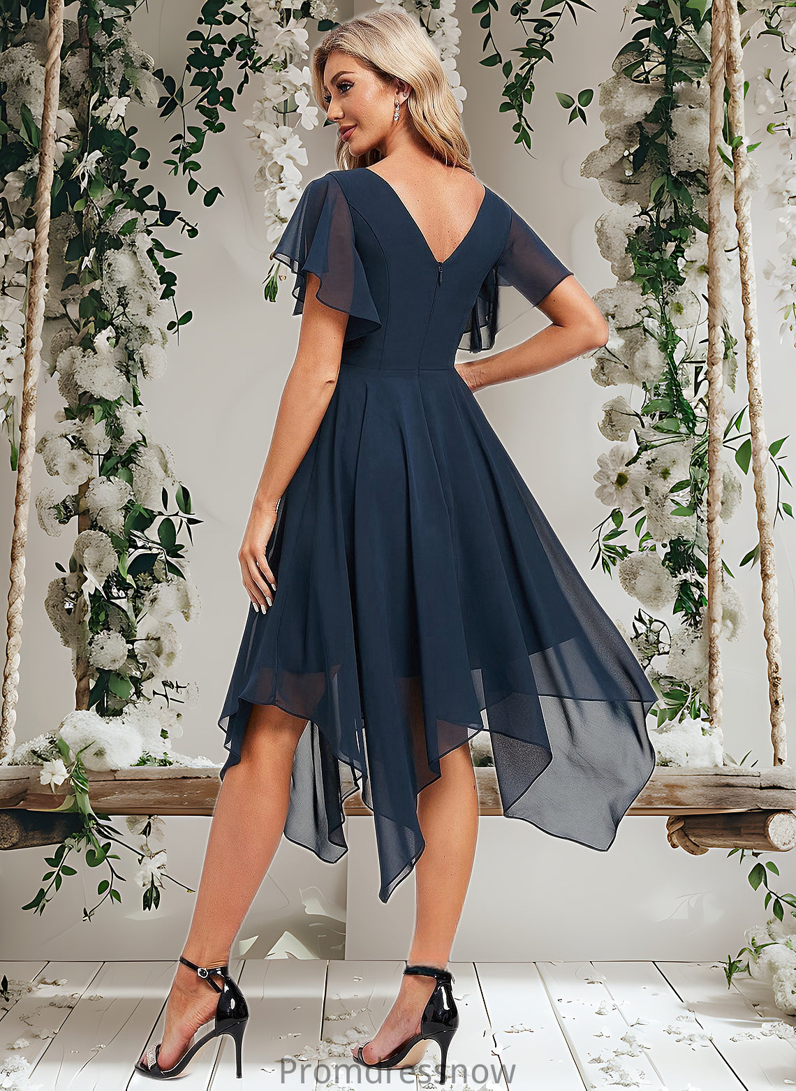 Carlie A-line V-Neck Asymmetrical Chiffon Bridesmaid Dress With Ruffle HPP0025804