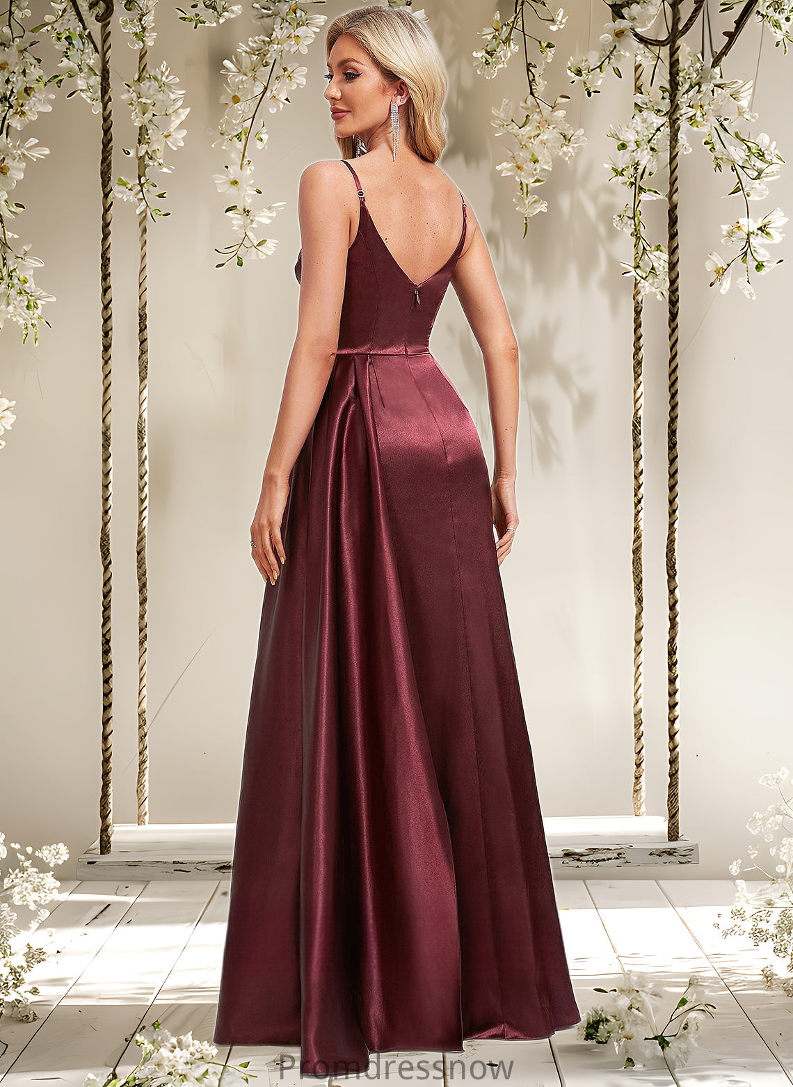 Hedwig A-line V-Neck Floor-Length Stretch Satin Bridesmaid Dress With Ruffle HPP0025785