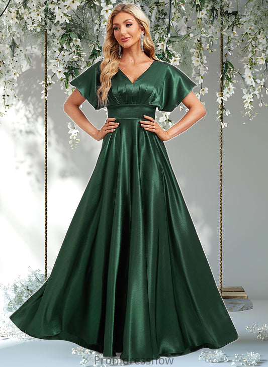 Lilah A-line V-Neck Floor-Length Stretch Satin Bridesmaid Dress HPP0025782