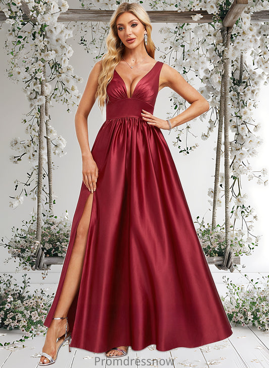 Laylah A-line V-Neck Floor-Length Satin Bridesmaid Dress HPP0025775