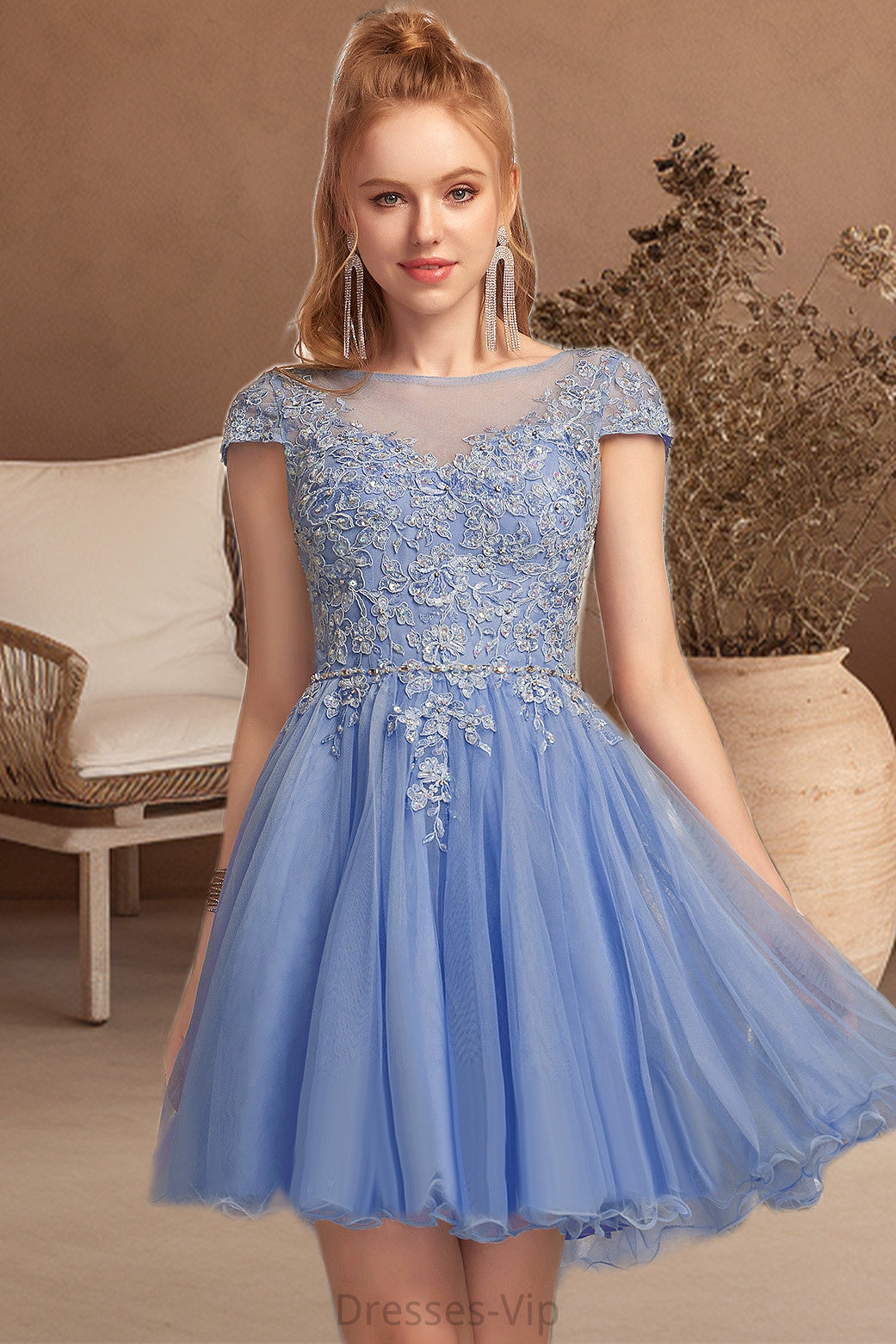 Jocelynn A-line Scoop Short/Mini Tulle Homecoming Dress With Beading Appliques Lace HPP0020547