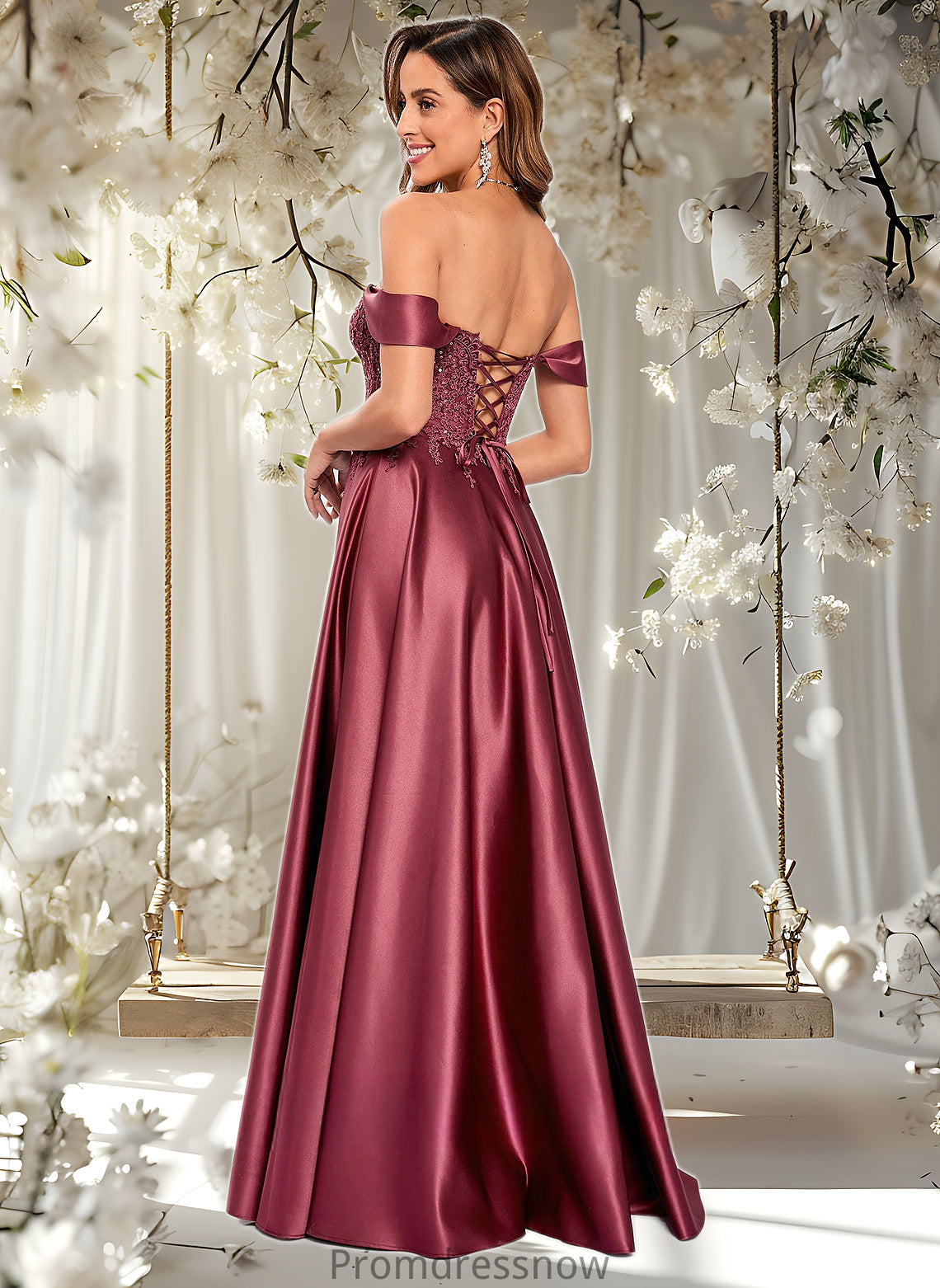 Amira A-line Off the Shoulder Floor-Length Satin Lace Prom Dresses With Sequins HPP0025841