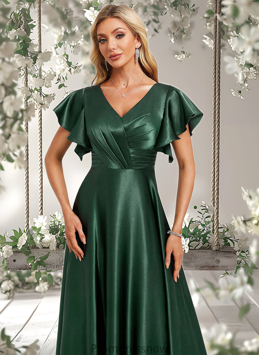 Kaleigh A-line V-Neck Floor-Length Stretch Satin Bridesmaid Dress With Ruffle HPP0025773