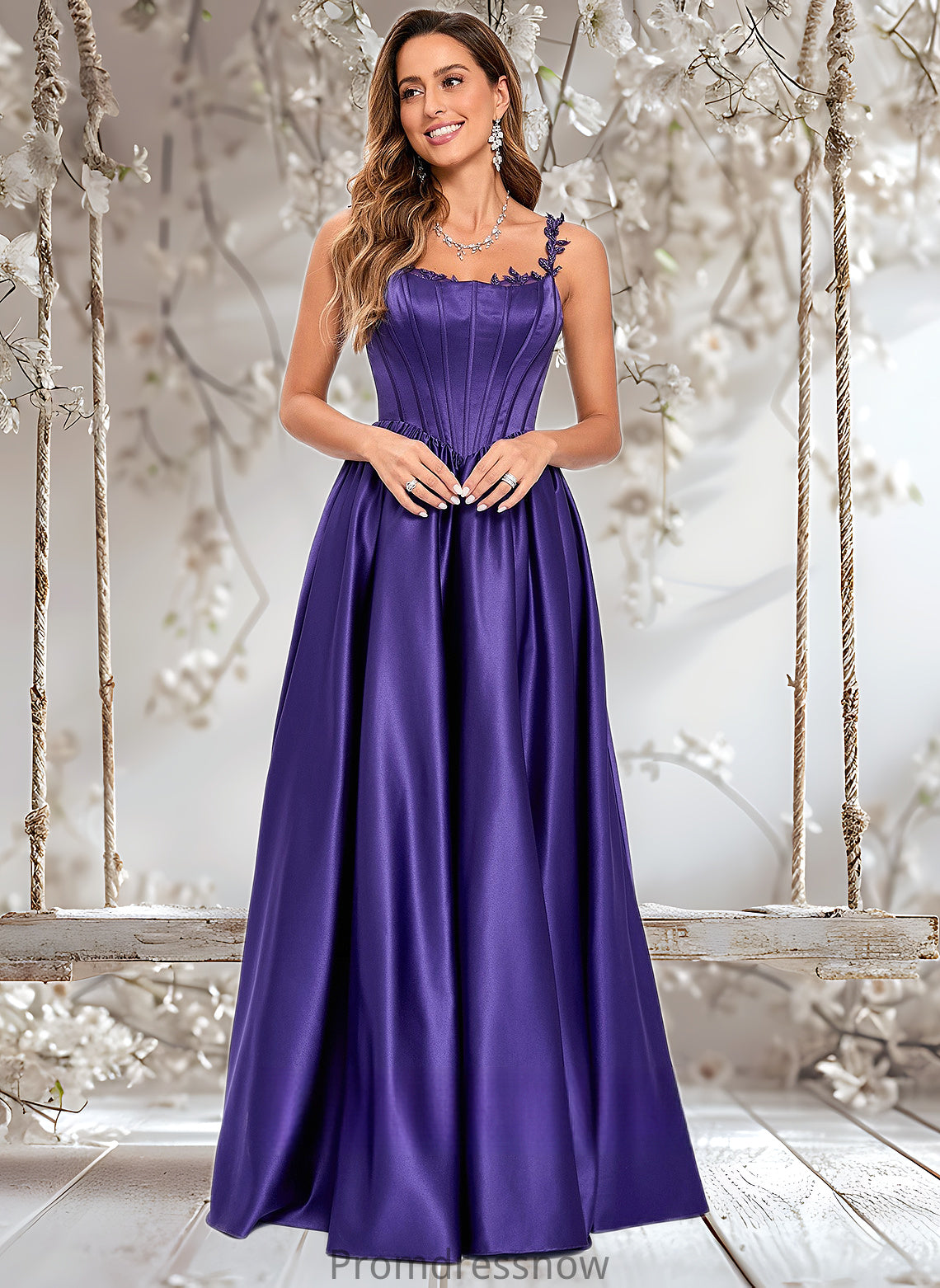 Courtney Ball-Gown/Princess Scoop Floor-Length Satin Prom Dresses With Appliques Lace Beading HPP0025865