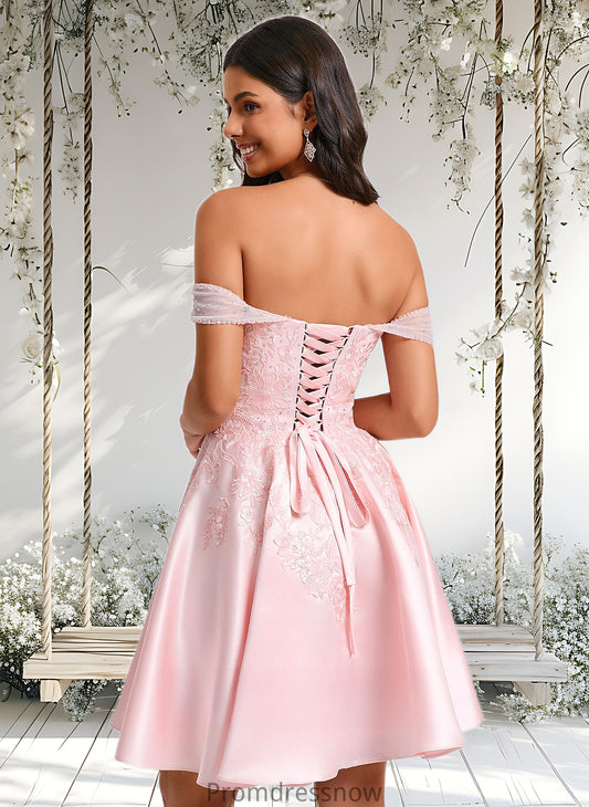 Areli A-line Off the Shoulder Short Satin Homecoming Dress With Rhinestone Beading Appliques Lace HPP0025679