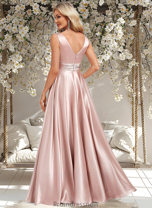 Hallie A-line V-Neck Floor-Length Stretch Satin Bridesmaid Dress HPP0025779