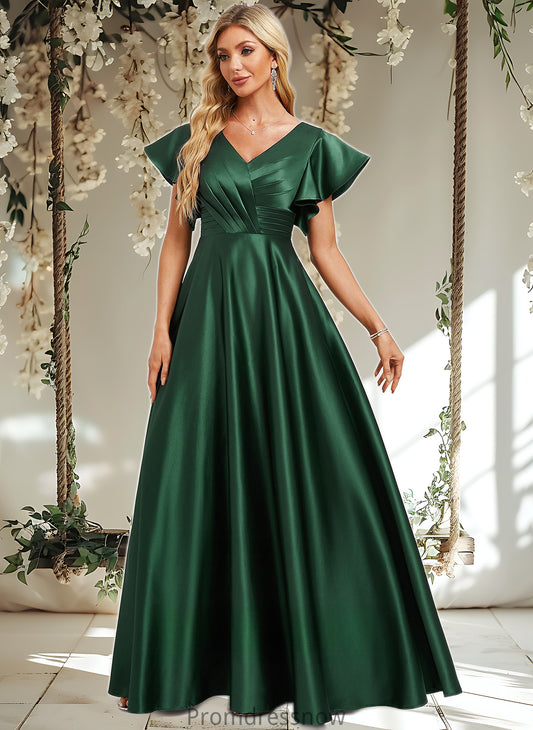 Willow A-line V-Neck Floor-Length Satin Bridesmaid Dress With Ruffle HPP0025777