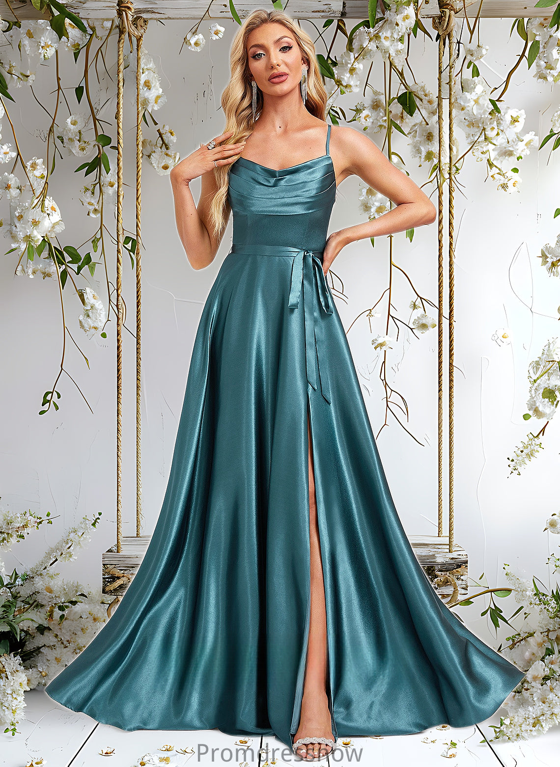 Rory A-line Cowl Floor-Length Stretch Satin Bridesmaid Dress With Ruffle HPP0025781