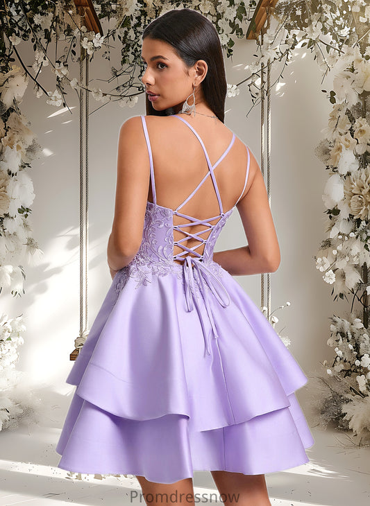 Sandy A-line V-Neck Short Satin Homecoming Dress With Appliques Lace HPP0025692