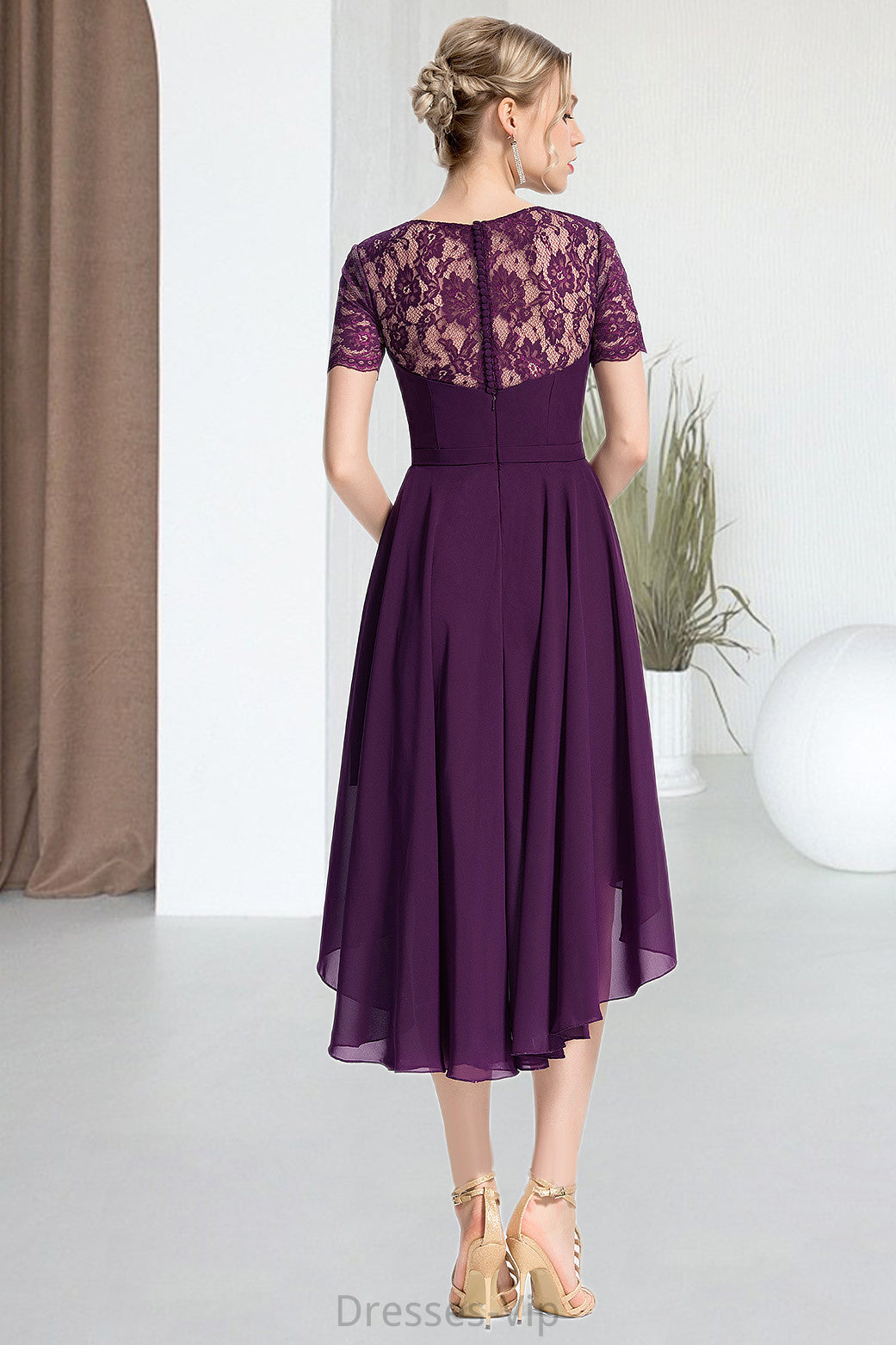 Samantha A-line Scoop Asymmetrical Chiffon Lace Homecoming Dress HPP0020587