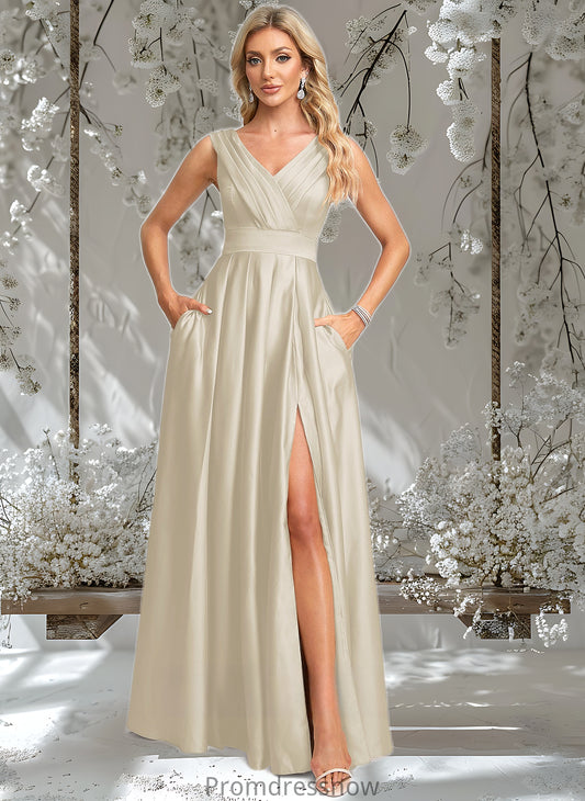 Megan A-line V-Neck Floor-Length Satin Prom Dresses HPP0025877