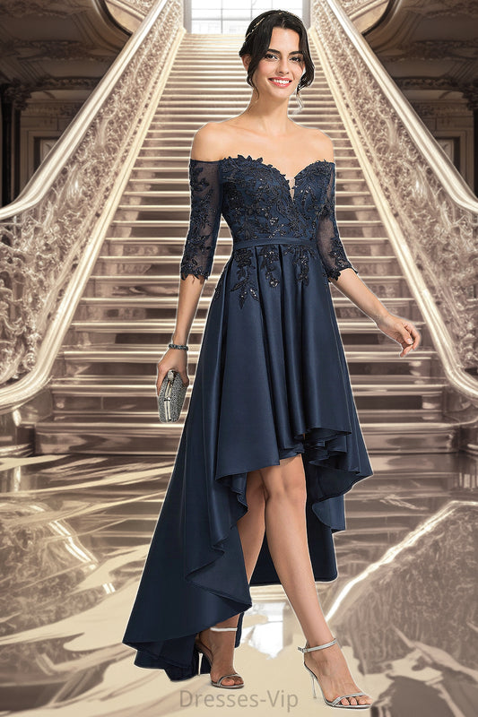 Audrey A-line Off the Shoulder Asymmetrical Lace Satin Homecoming Dress With Sequins HPP0020580